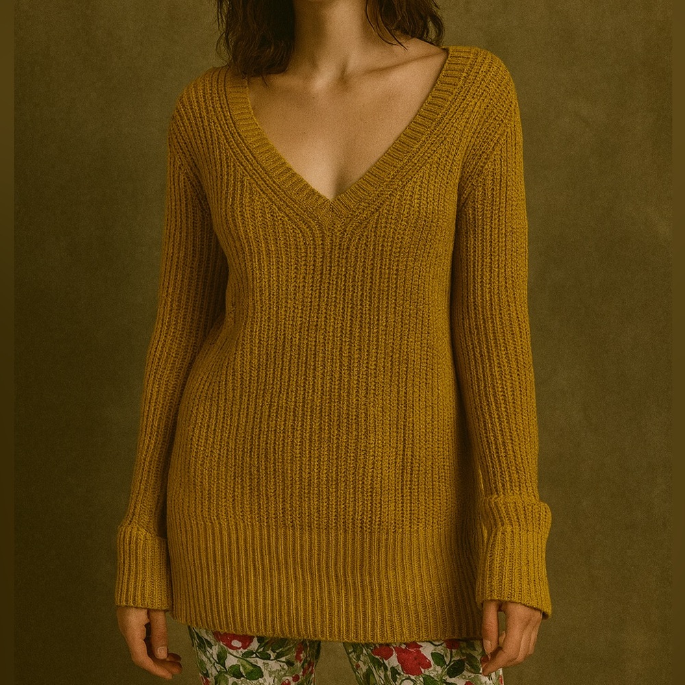 Ruby Moon Cotton Wool Blend Mustard Loose Knit Deep V-Neck Sweater Oversized Sml